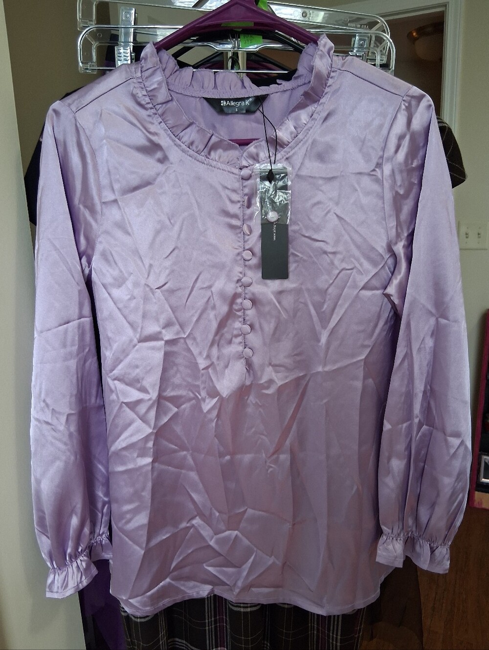 Allegra K Lavender Ruffle-Neck Button-Front Long Sleeve Top